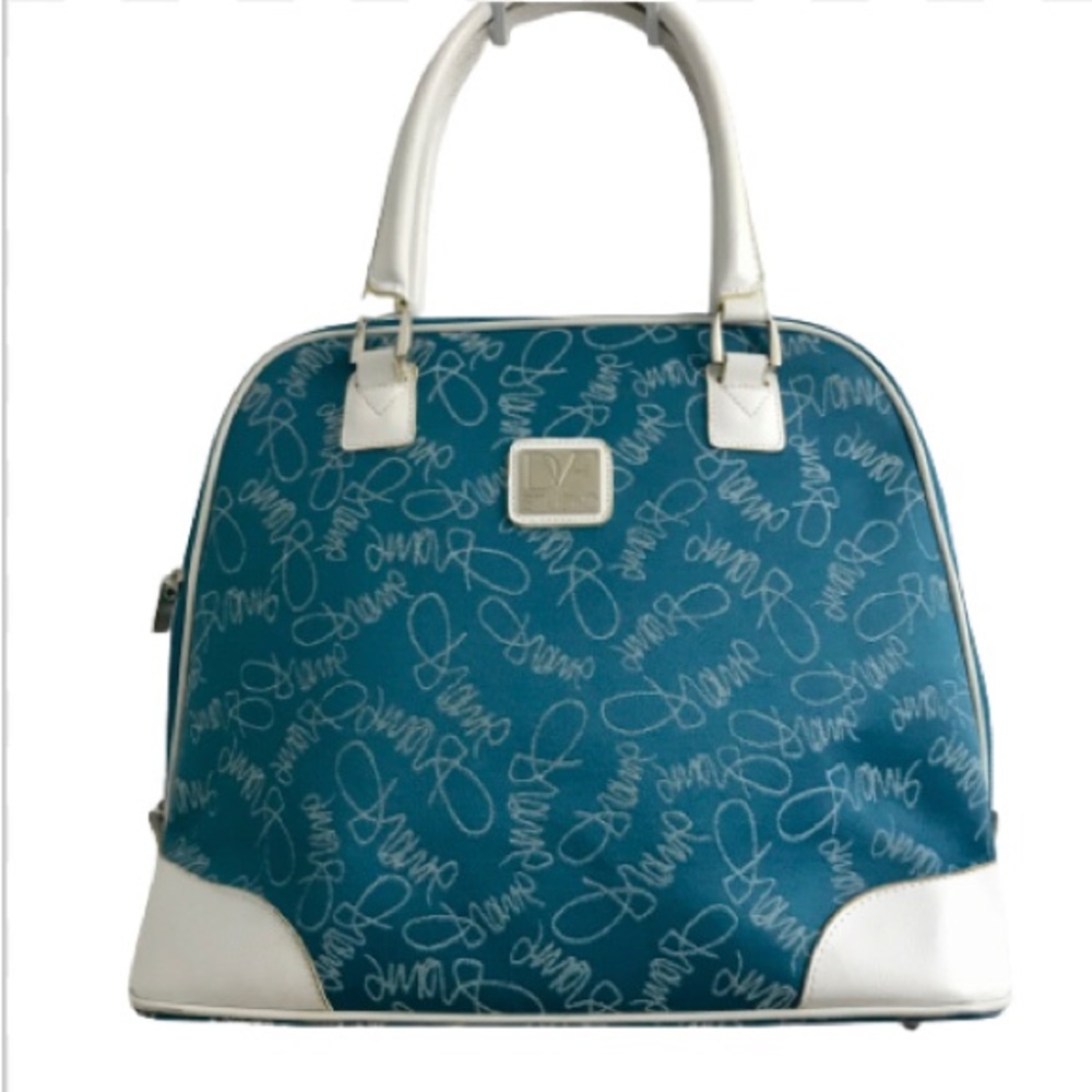 DVF Signature Teal/White Jacquard Tote/Lap Top Bag/ Carry On Bag/Weekender Bag